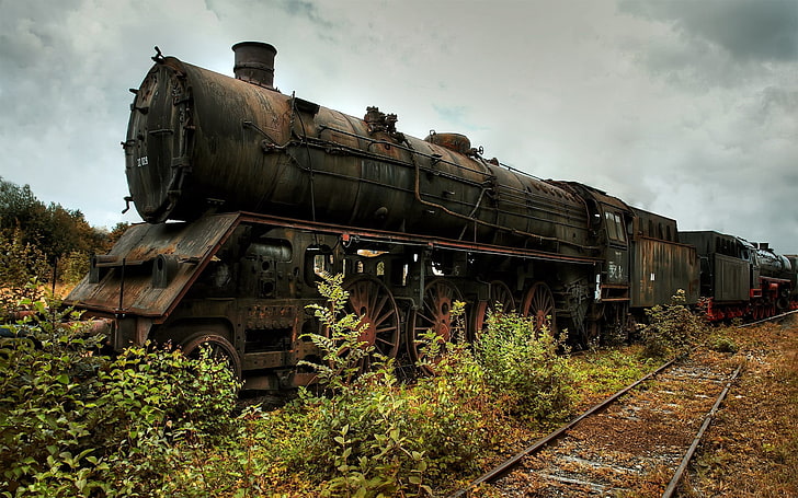 갈색과 검은 색 증기 기차, 기관차, 오래 된, 철도, HD 배경 화면