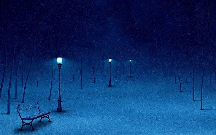 salju, musim dingin, malam, karya seni, lentera, bangku, Wallpaper HD
