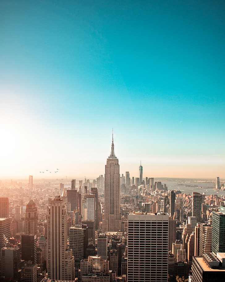 Нью-Йорк, штат Нью-Йорк, Эмпайр Стейт Билдинг, чистое небо, природа, город, HD обои, телефон обои
