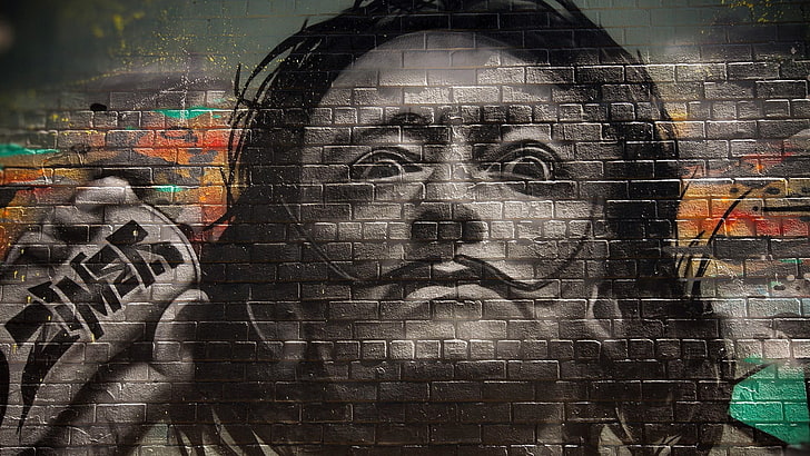 woman's face wall painting, graffiti, wall, bricks, men, Salvador Dalí, face, painters, portrait, moustache, selective coloring, HD wallpaper