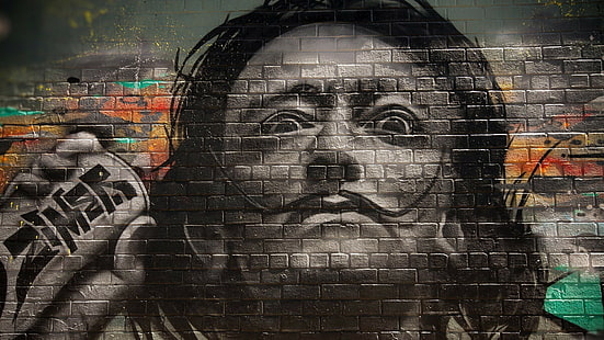 Salvador Dalí, wall, men, moustache, selective coloring, graffiti, portrait, face, painters, bricks, HD wallpaper HD wallpaper