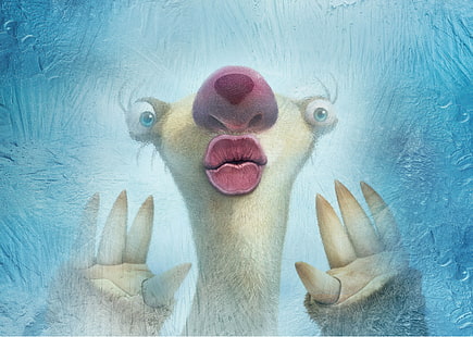 Ленив ленивец с илюстрация с розови устни, Сид, Курс за сблъсък на Ледена епоха, 4K, Ледена епоха 5, Анимация, HD тапет HD wallpaper