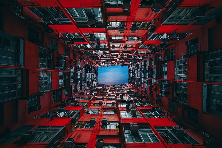 red and black metal frame, Hong Kong, apartments, cityscape, HD wallpaper