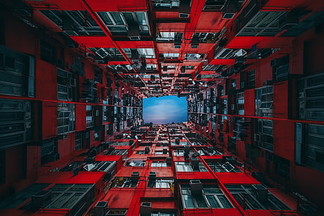 красный и черный металлический каркас, Гонконг, квартиры, городской пейзаж, HD обои HD wallpaper