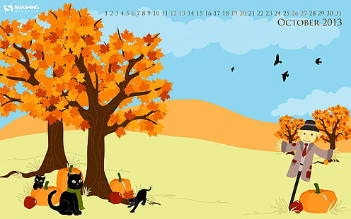 Октябрь Fun-Октябрь 2013 Календарь Обои, иллюстрация двух коричневых деревьев, HD обои HD wallpaper