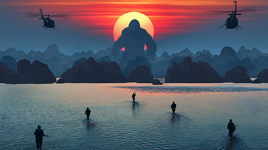 Fond d'écran de King Kong, King Kong, Kong: Skull Island, coucher de soleil, cinéma, art numérique, Fond d'écran HD HD wallpaper