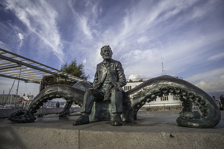 Jules Verne, fantasy art, sculpture, octopus, writers, statue, artwork, Spain, Vigo, boat, clouds, ship, HD wallpaper