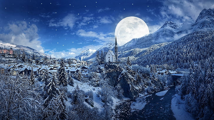 moon, forest, river, fantasy art, night, supermoon, tree, mountain range, full moon, winter, freezing, moonlight, mountain, snow, village, nature, sky, HD wallpaper