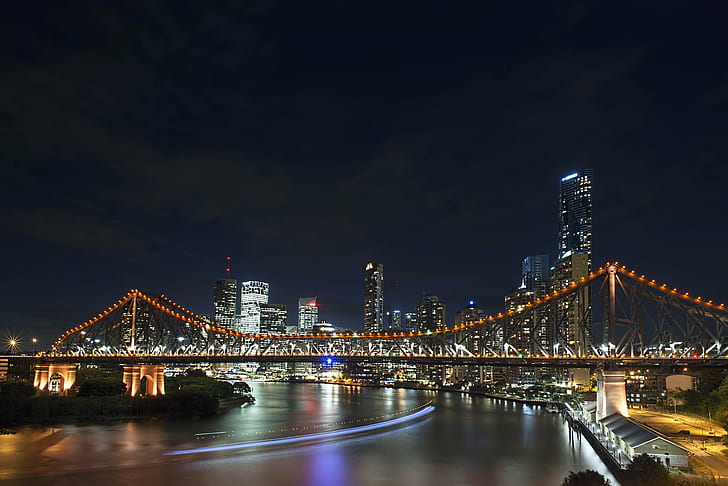 град край реката през нощта, сюжетен мост, бризбейн, сюжетен мост, бризбейн, Story Bridge, Nightfall, град Бризбейн, река, нощен, Story Bridge, Бризбейн Австралия, широк ъгъл, нощ, продължителна експозиция, светлина, пътека, нисък, градски пейзаж, архитектура, градски хоризонт, известно място, мост - създадена от човека структура, градска сцена, осветена, град, квартал в центъра, здрач, HD тапет