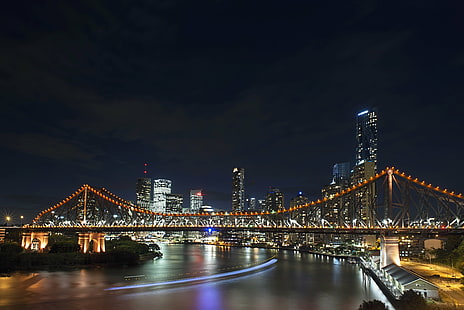 miasto nad rzeką nocą, story bridge, brisbane, story bridge, brisbane, Story Bridge, Nightfall, Brisbane city, rzeka, nighttime, Story Bridge, Brisbane Australia, szeroki kąt, noc, długa ekspozycja, światło, szlak, niski, pejzaż miejski, architektura, panorama miejska, słynne miejsce, most - konstrukcja stworzona przez człowieka, scena miejska, oświetlone, miasto, śródmieście Dzielnica, zmierzch, Tapety HD HD wallpaper