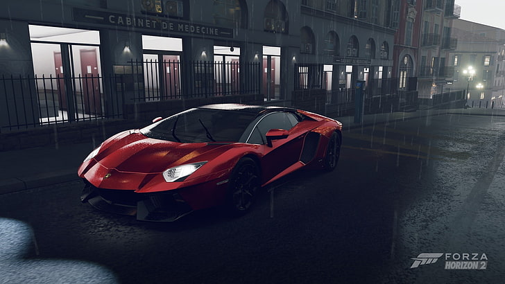 Forza Horizon 2, automóvil, supercoches, Lamborghini Aventador, lluvia, videojuegos, Fondo de pantalla HD