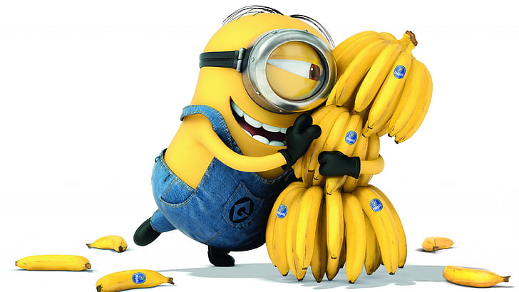 Minions, 2015, cartoon, movie, Allison Janney, Steve Coogan, Kevin, Bob, bananas, white background, yellow, funny, HD wallpaper