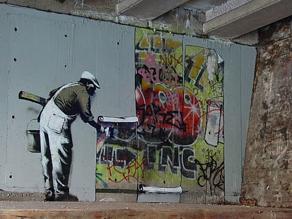 homme peinture wal, œuvres d'art, hommes, Banksy, graffiti, mur, urbain, peintres, travailleurs, Fond d'écran HD HD wallpaper
