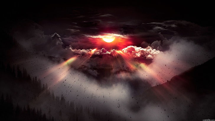 Sonnenuntergangmalerei, Nebel, Sonnenlicht, digitale Kunst, Fantasiekunst, Sonne, Landschaft, Wolken, Himmel, HD-Hintergrundbild