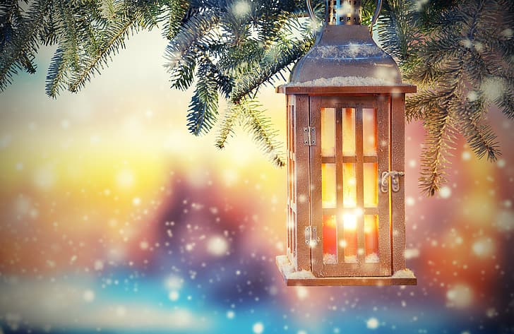 snow, decoration, tree, New Year, Christmas, lantern, Merry Christmas, Xmas, candle, holiday celebration, HD wallpaper