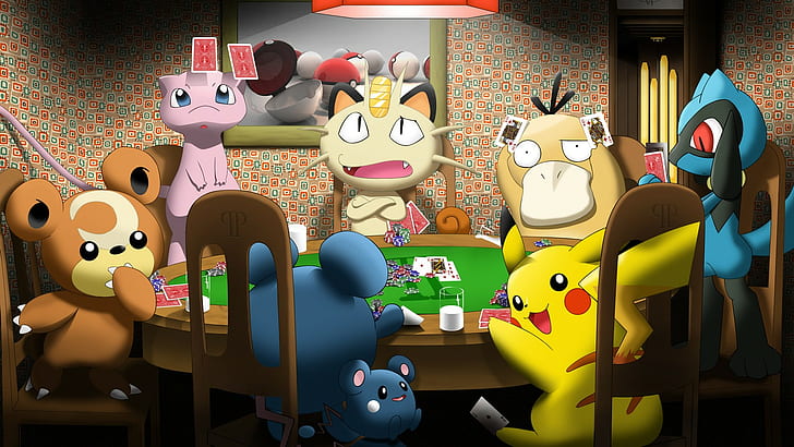 Pokémon, Pikachu, Mew, Meowth, Psyduck, Riolu, покер, видео игри, HD тапет