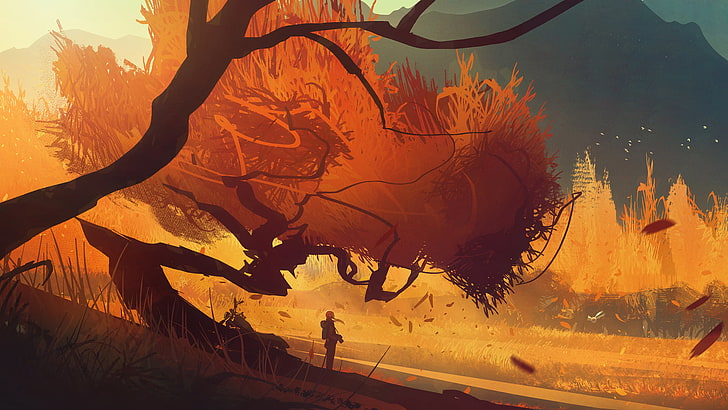 brown leafed tree artwork, man under brown tree illustration, digital art, fall, trees, HD wallpaper