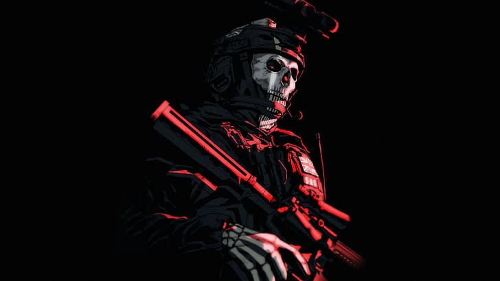 Call of Duty, Call of Duty: Modern Warfare 2, Illustration, digitale Kunst, 4K, Grafik, Geist, Videospielfiguren, Schädel, Soldat, Maske, Videospiele, schwarzer Hintergrund, Call of Duty: Ghosts, HD-Hintergrundbild