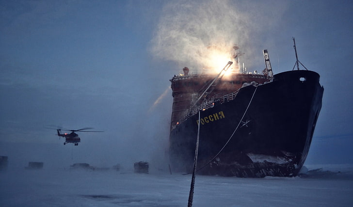 Arktyka, lód, statek, pojazd, rosyjski, helikopter, Tapety HD