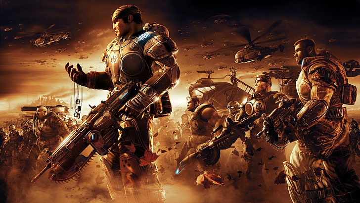 ilustracja gry żołnierzy, Gears of War, gry wideo, wojna, apokaliptyczny, broń, helikoptery, nieśmiertelniki, zbroja, Gears of War 2, Tapety HD