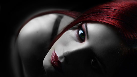 donne, capelli rossi, occhi verdi, colorazione selettiva, viso, modella, trucco, Sfondo HD HD wallpaper