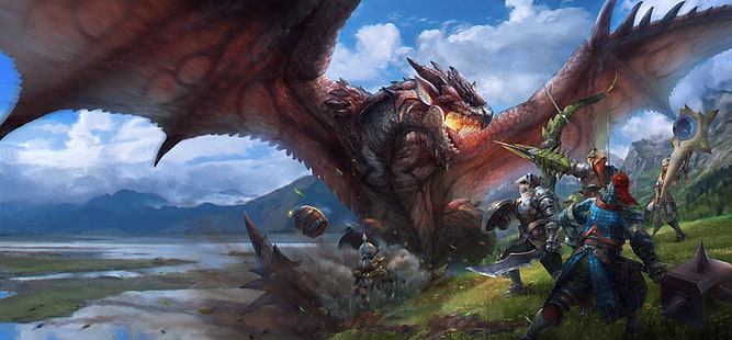 วิดีโอเกม, Monster Hunter, Battle, Dragon, Rathalos (Monster Hunter), Warrior, วอลล์เปเปอร์ HD HD wallpaper