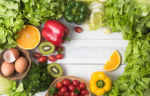food, fruit, vegetables, eggs, eggshell, kiwi (fruit), orange (fruit), peppers, lettuce, tomatoes, parsley, HD wallpaper HD wallpaper