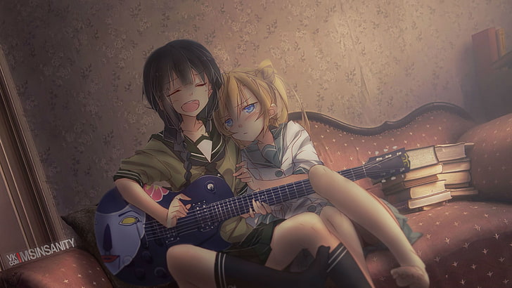 chicas anime, guitarra, Kitakami (KanColle), Abukuma (kancolle), Colección Kantai, Fondo de pantalla HD
