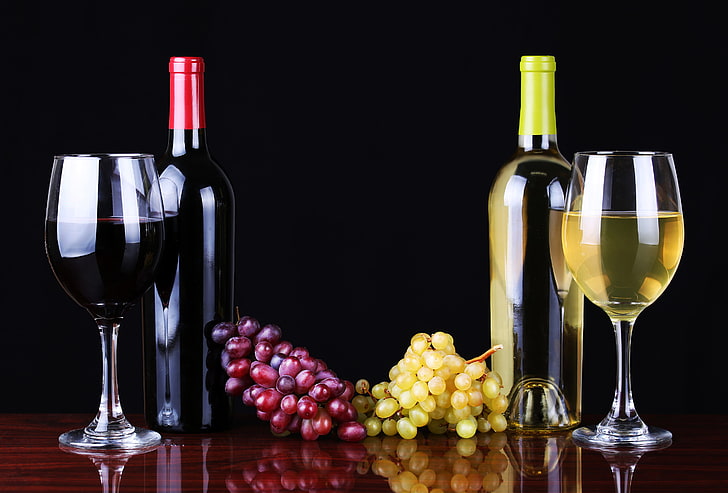 duas garrafas de vinho e taças de vinho ilustração vinho vermelho branco branco taças uvas, HD papel de parede
