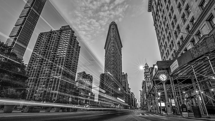 flatiron building, cityscape, long exposure, long exposure photography, landmark, black and white, building, new york city, monochrome photography, new york, manhattan, HD wallpaper