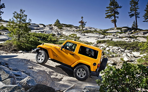 Jeep Wrangler, coche, coches amarillos, vehículo, naturaleza, paisaje, Fondo de pantalla HD HD wallpaper