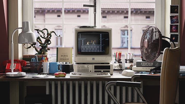 Andrew Averkin, Computadores retrô, jogos retrô, dentro de casa, escritório, Monitor CRT, IBM, Prince of Persia, telefone, HD papel de parede