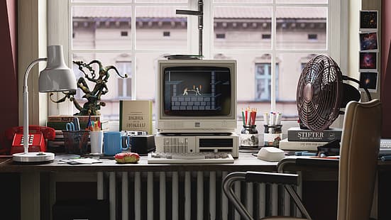 Андрей Аверкин, Ретро-компьютеры, ретро-игры, в помещении, офис, ЭЛТ-монитор, IBM, Prince of Persia, телефон, HD обои HD wallpaper