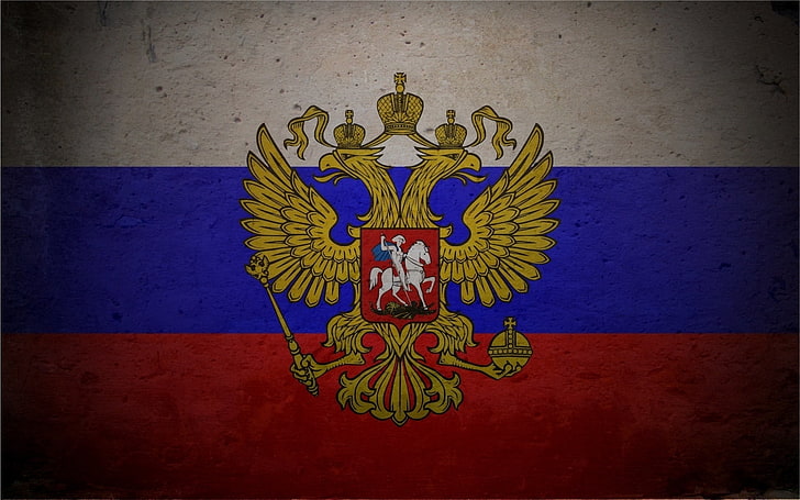 logo żółtego orła, flaga, Rosja, herb, tricolor, tekstura, dwugłowy orzeł, Tapety HD