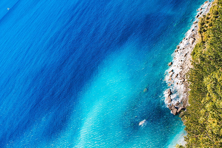 aerial photography of beach, sea, blue, water, beach, trees, HD wallpaper