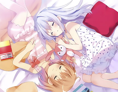 two girl anime characters laying on bed graphic, Gochuumon wa Usagi Desu ka?, HD wallpaper HD wallpaper