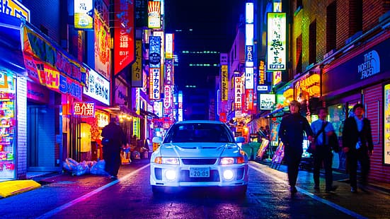 Mitsubishi Lancer Evo V ، اليابان ، المدينة ، النيون ، الليل ، المصابيح الأمامية ، JDM ، منظر أمامي ، سيارات بيضاء، خلفية HD HD wallpaper