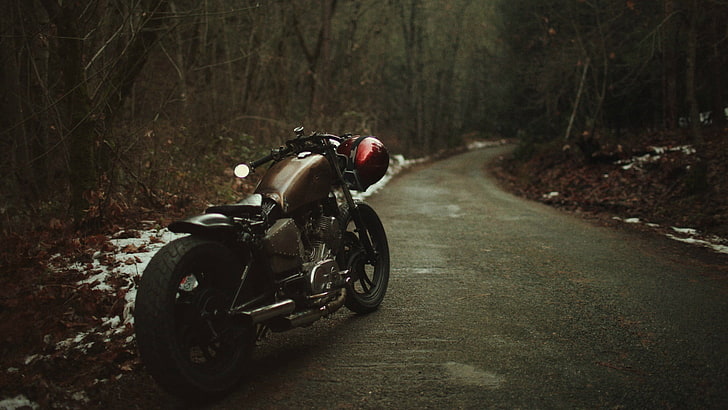 motocicleta negra y marrón, motocicleta, Bobber, naturaleza, nieve, árboles, hojas, carretera, casco, ruedas, Fondo de pantalla HD
