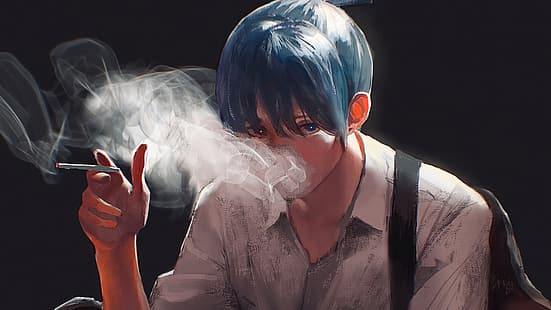 Бензопила, Аки (Человек с бензопилой), сигареты, дым, темные волосы, смотрит на зрителя, HD обои HD wallpaper