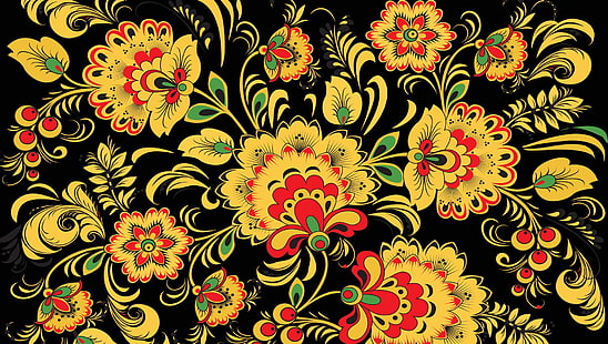 ilustrasi bunga merah, kuning, dan hijau, khokhloma, pola, latar belakang, berwarna-warni, Wallpaper HD HD wallpaper