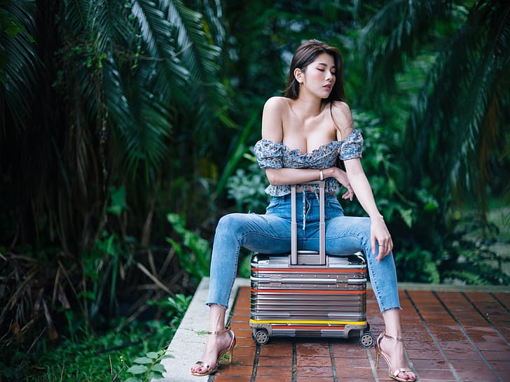 girl, pose, jeans, suitcase, Asian, HD wallpaper