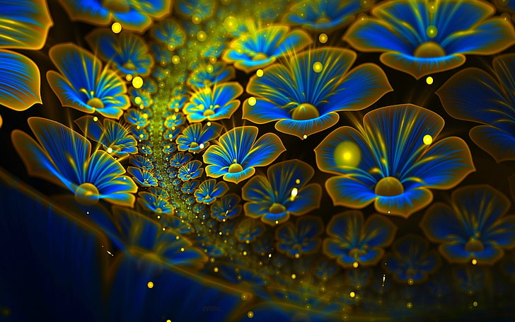 ilustração floral azul e verde, resumo, fractal, flores, flores fractal, HD papel de parede