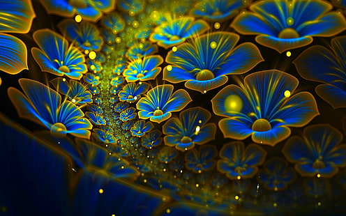 Ilustración floral azul y verde, abstracto, fractal, flores, flores fractales, Fondo de pantalla HD HD wallpaper