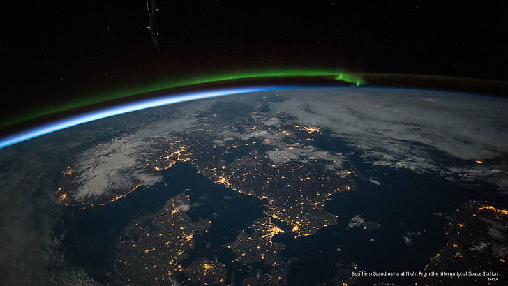 Escandinavia meridional en la noche desde la estación espacial internacional, espacio, Fondo de pantalla HD