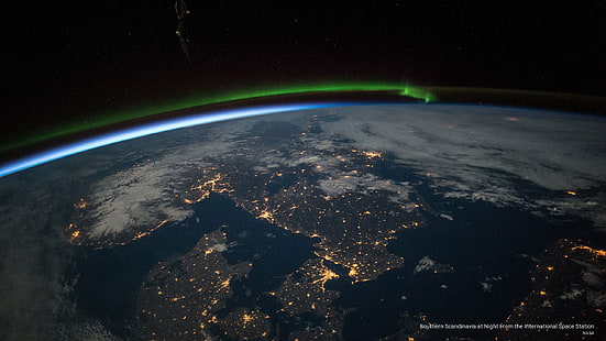 Escandinávia do sul na noite da estação espacial internacional, espaço, HD papel de parede HD wallpaper
