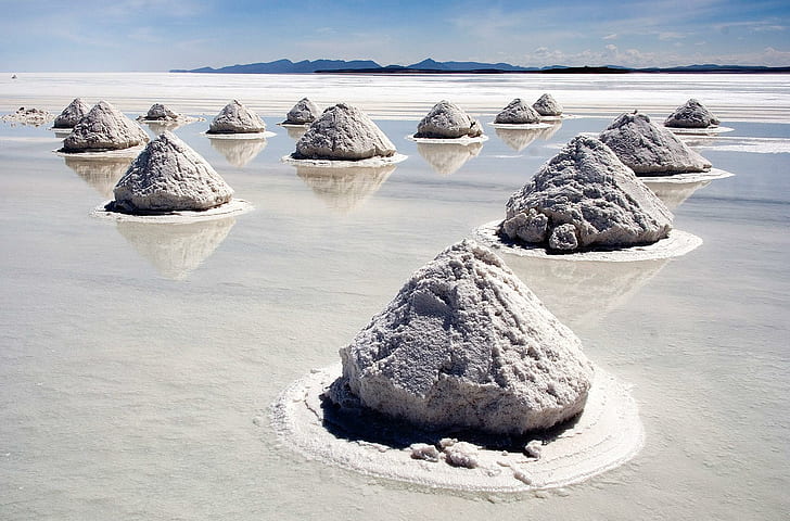 Pilhas de sal - Salar De Uyuni, Bolívia, planícies de sal, luca galuzzi, sal, bolívia, galuzzi, pilhas de sal, uyuni Bolívia, lago pré-histórico, montes de sal, 3d, HD papel de parede