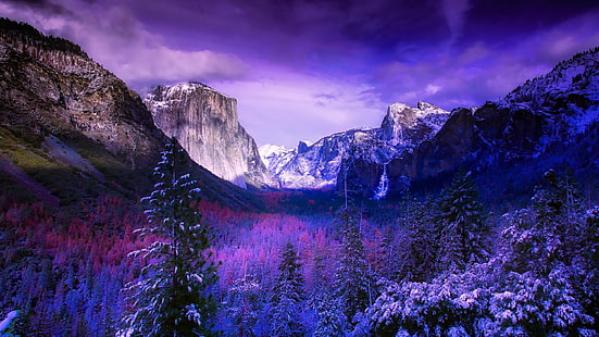 zima, szron, Stany Zjednoczone, Kalifornia, pół kopuły, dolina Yosemite, krajobraz, drzewo, widok na tunel, dolina, skały katedralne, niebo, pasmo górskie, Park Narodowy, fioletowy, Zamontuj scenerię, Park Narodowy Yosemite, góra, pustynia, el Capitan, Tapety HD HD wallpaper