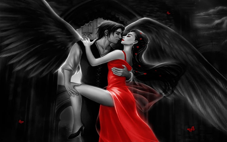 Angel, couple, dancing, dark, dress, fantasy, love, red, romantic, HD  wallpaper | Wallpaperbetter