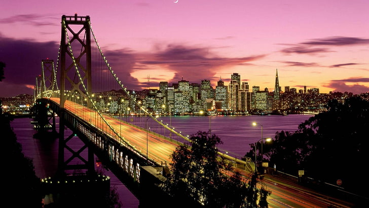 회색 다리, 샌프란시스코, 베이 브릿지, 다리, 밤, 고층 빌딩, HD 배경 화면