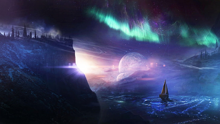 spazio, fantasia, arte virtuale, cielo, lago, aurora, vela, barca a vela, luci polari, barca a vela, fantasy art, pianeti, Sfondo HD